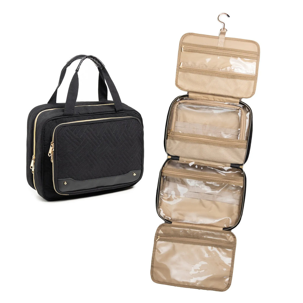 Hanging waterproof cosmetic bag in pink or black measuring 30.5 x 11 x 22.9 cm