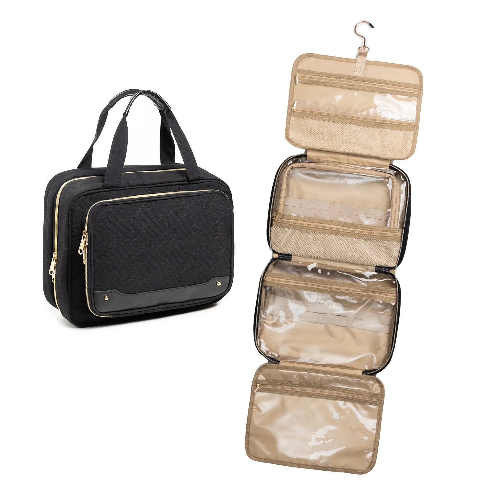 Hanging waterproof cosmetic bag in pink or black measuring 30.5 x 11 x 22.9 cm