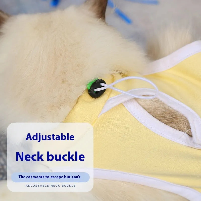 Blue cotton pet sterilization suit for cat or dog recovery with adjustable scarf