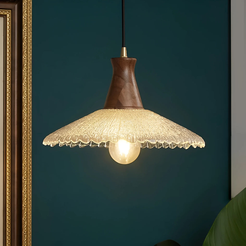 Retro wooden chandelier with brass electroplated finish and glass shade in three size options