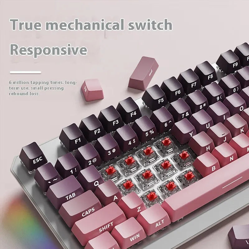 Silver white 87-key wired mechanical keyboard with side-engraved keycaps and white backlighting