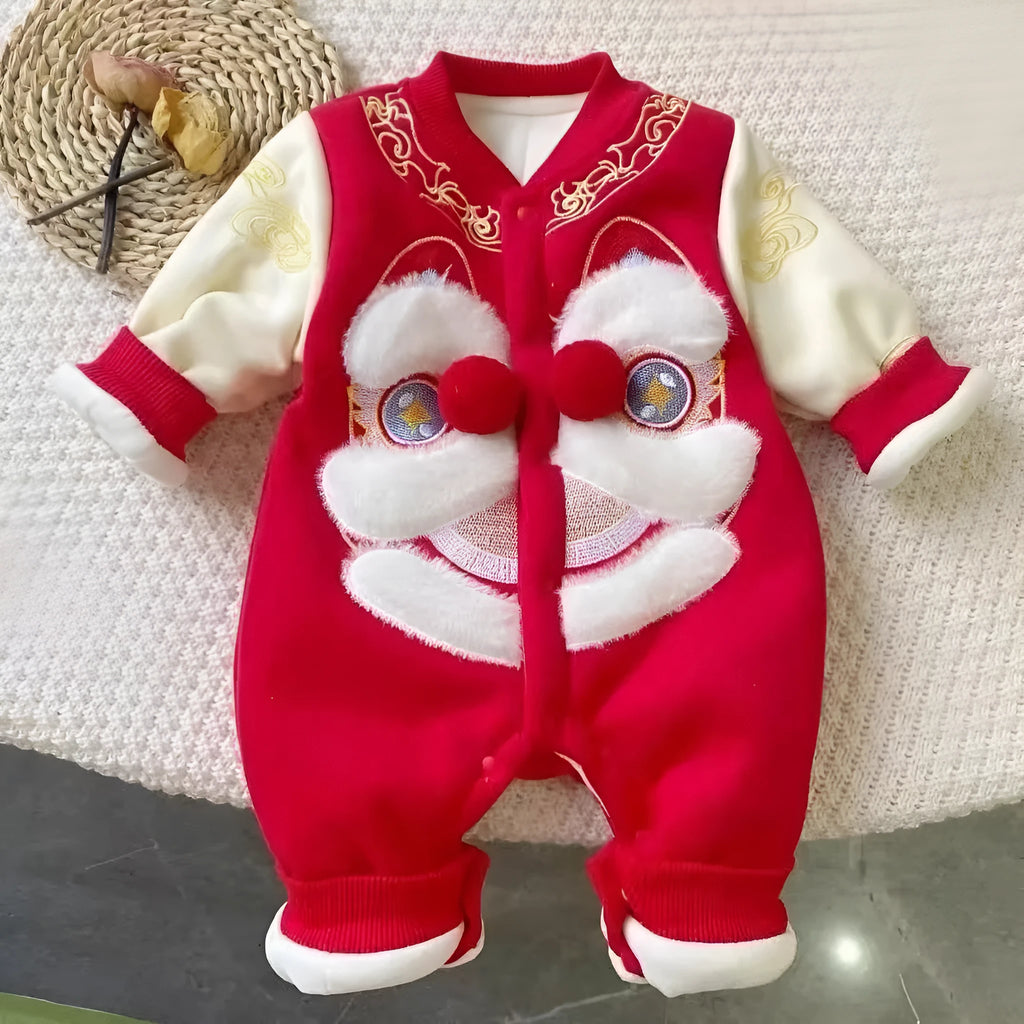 Red embroidered lion dance costume with velvet and cotton on display showing long climbing style