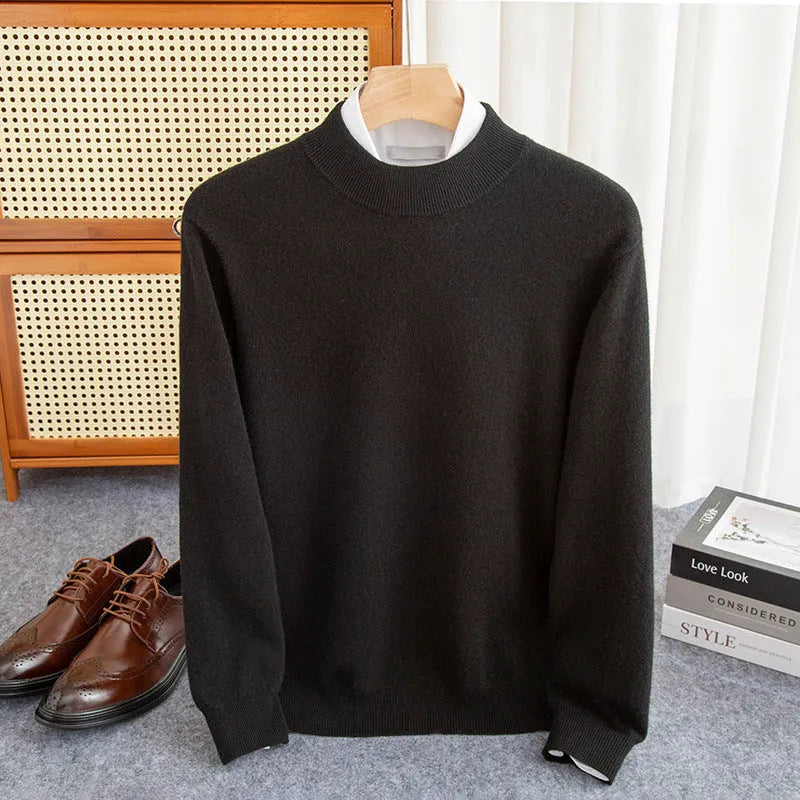 Men's loose fit half turtleneck wool sweater in rough yarn, shown in a range of colours.