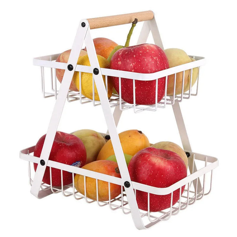 Black iron double-layer fruit basket with wooden handle, detachable for flexible storage