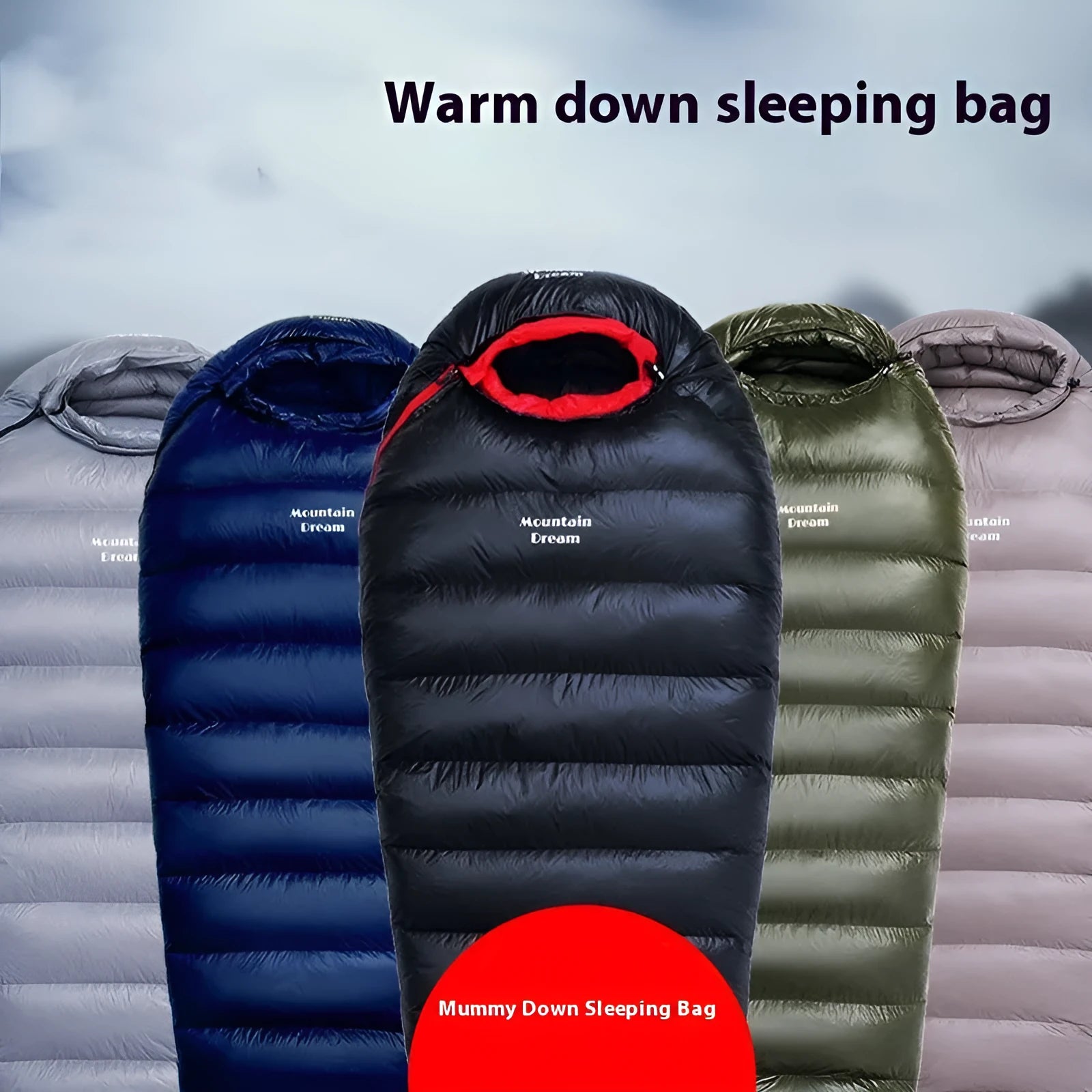 Ultralight mummy-style sleeping bag in army green colour with white duck down filling and 400T nylon fabric.
