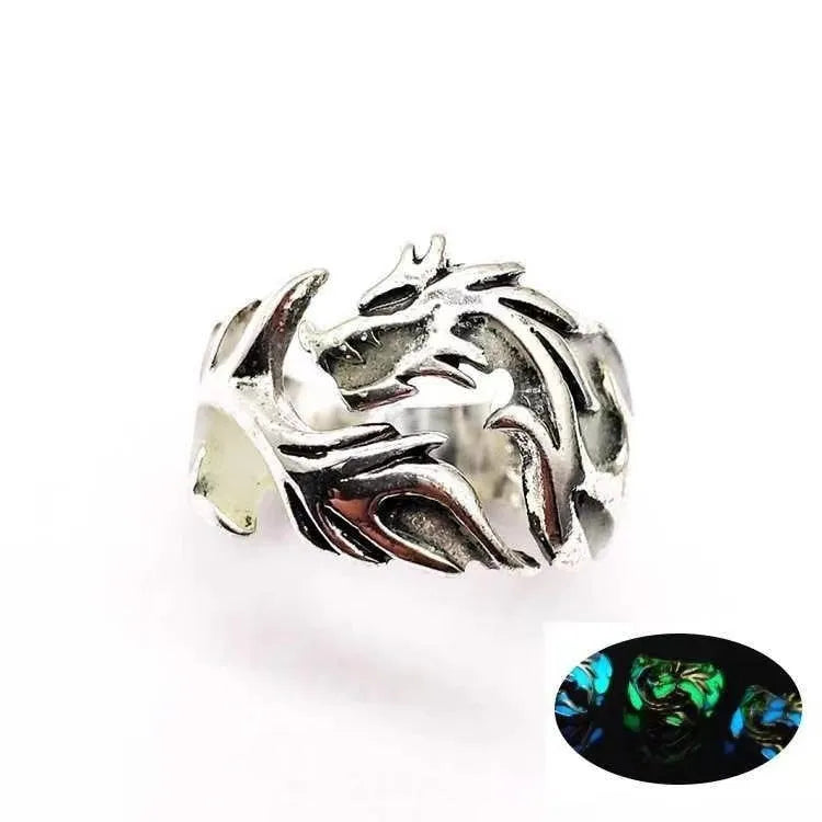 Chinese style luminous dragon pattern adjustable ring in archaism silver blue and green