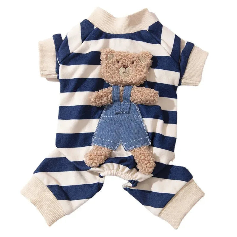 Cute bear striped four-legged dog pyjamas in blue for small to medium pets