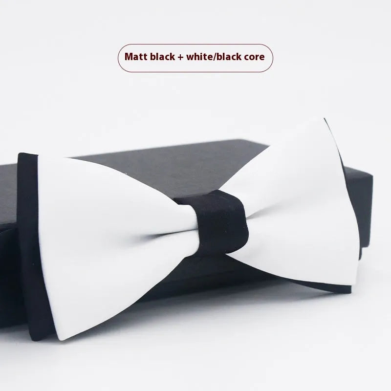 Men's solid colour formal bow tie with flat head design showing 12x6cm dimensions in polyester construction