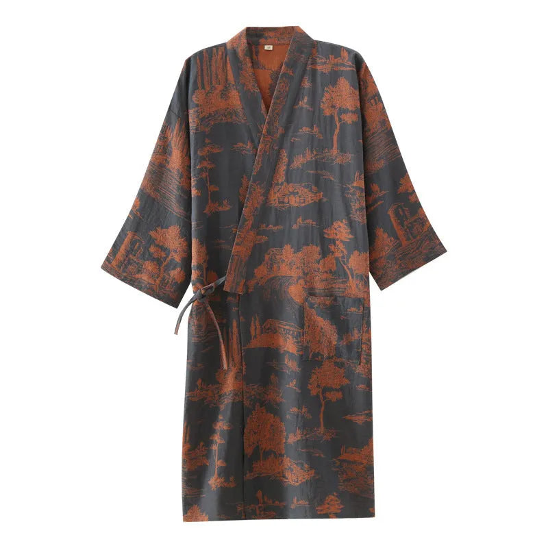 Men's dark blue cotton gauze kimono long dress bathrobe lying flat showing full length