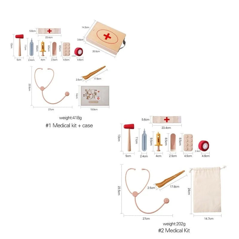 Wooden children's doctor toy set with stethoscope and medical suit for pretend play.