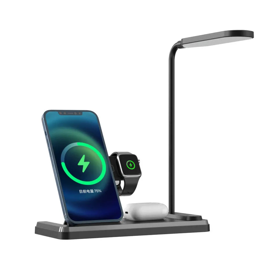 Multifunctional foldable table lamp with 15W fast charge wireless charger in black, Type C interface, compact design