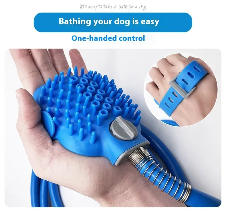Hand-held silicone dog bath brush with built-in nozzle for outdoor pet shower