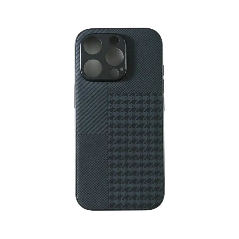 Black creative anti-fall imitation leather phone case for iPhone with wave pattern, shockproof and fingerprint-proof design.
