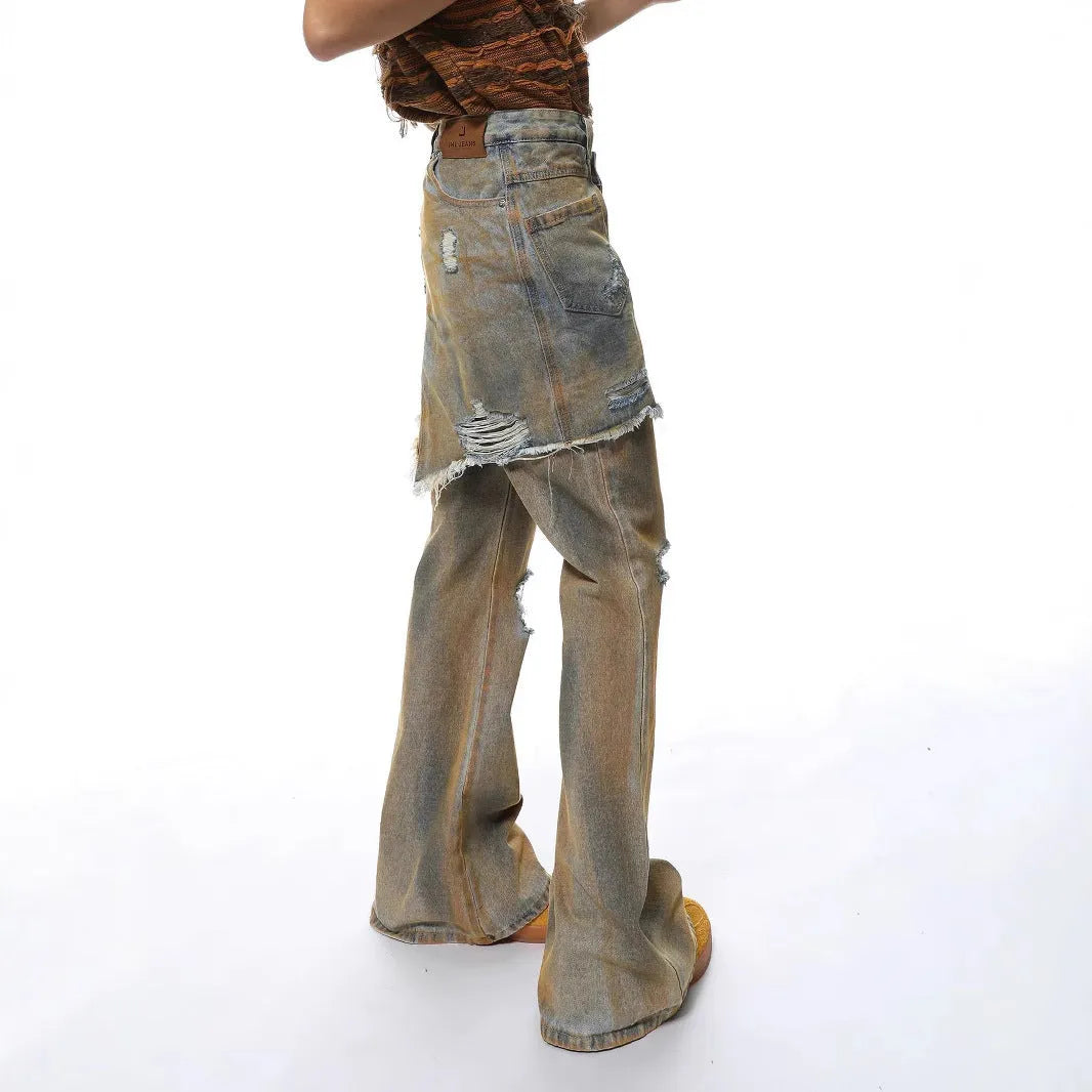 American Street loose hole bootcut trousers in denim, showing high waist and straight-leg style on a hanger.