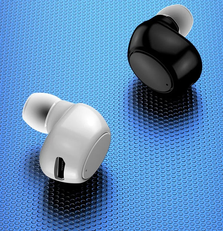 Mini wireless Bluetooth sports in-ear headphones with 8mm copper ring speaker, black earplug style on white background