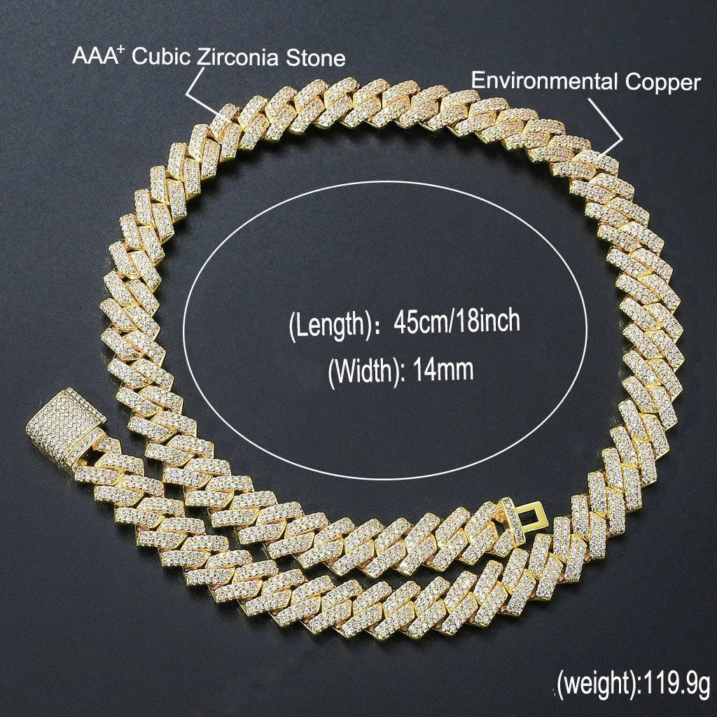 Gold finish 14mm bar Cuban copper chain with micro-inlaid zircon stones on white background