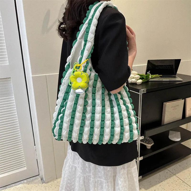 Women's soft polyester pleated bubble crossbody shoulder bag with detachable pendant