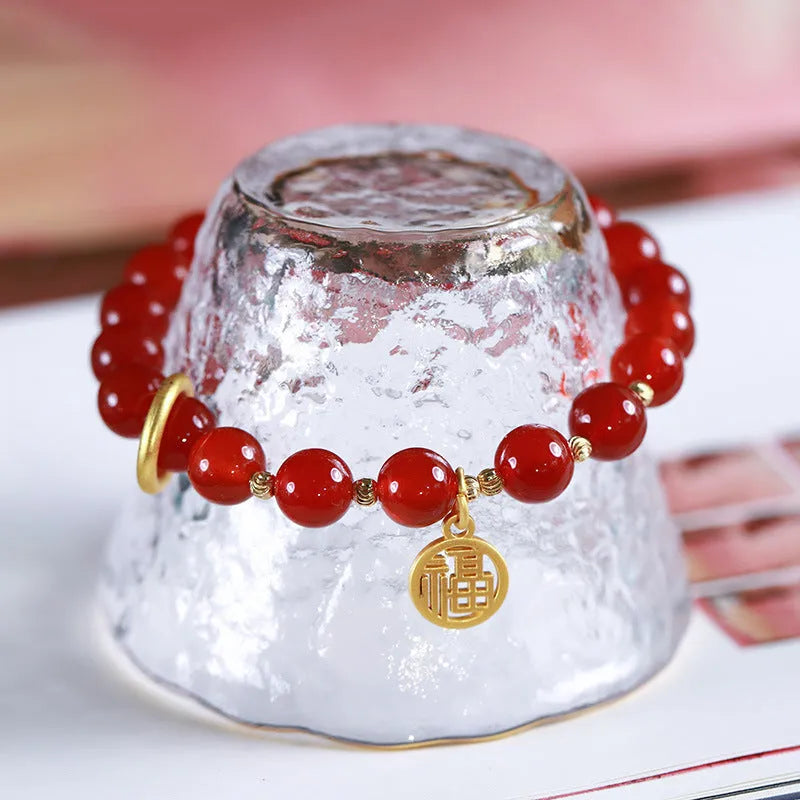 Natural red agate bracelet with blessing card in national style.
