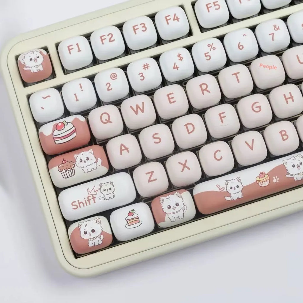 Round mechanical keyboard key cap set with colourful dessert cat cartoon design.