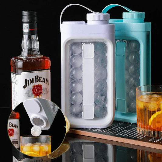 Quick-freeze silicone ice ball maker for chilled drinks and cocktails, with portable water bottle functionality