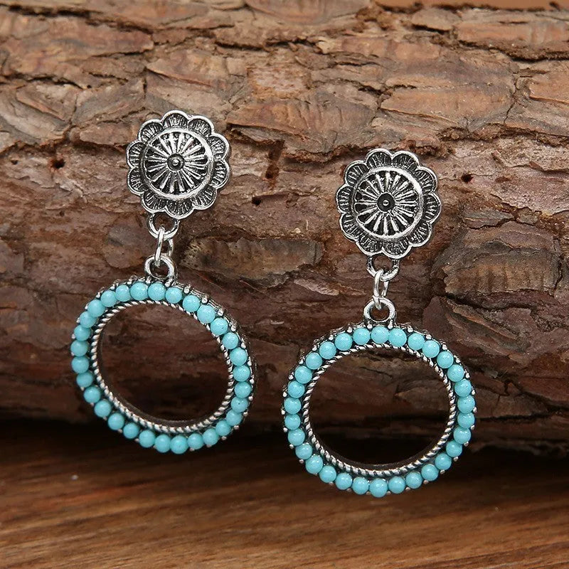 Geometric round turquoise drop earrings in antique silver alloy for women, size 2.2 cm by 4.2 cm