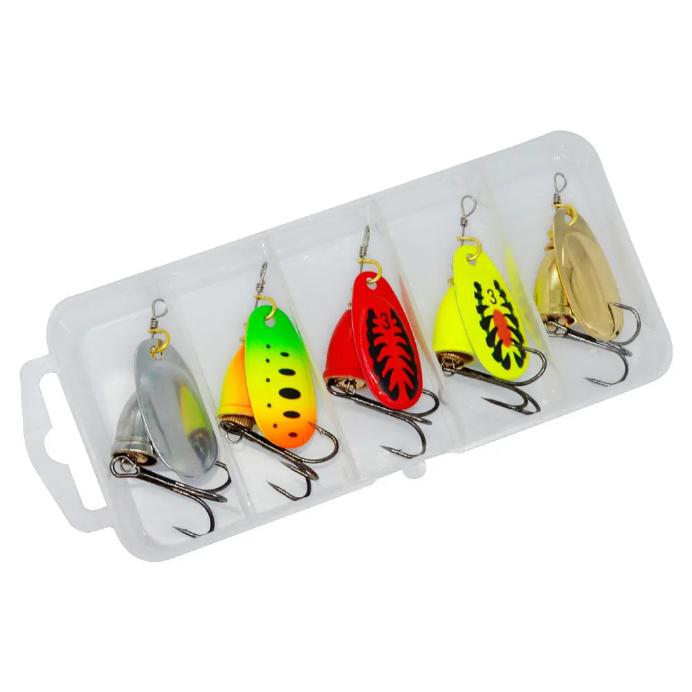 R composite rotating sequin copper bell fishing lure in gold colour variant on a blue background