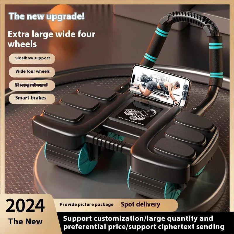 Orange four-wheel abdominal roller with elbow support pads and automatic rebound mechanism.