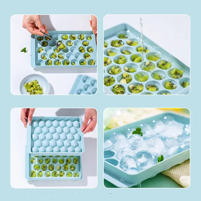 Sky blue and pink plastic round ice ball mould trays with 18 and 33 grids.