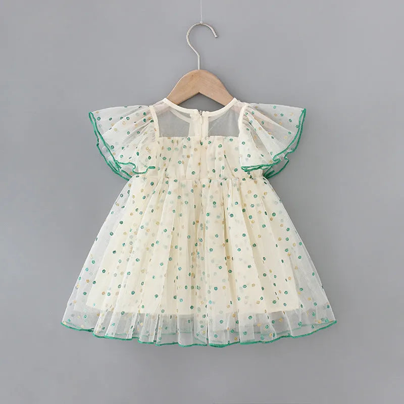 Green striped yellow children's sleeveless dress with A-line skirt and overall romper design
