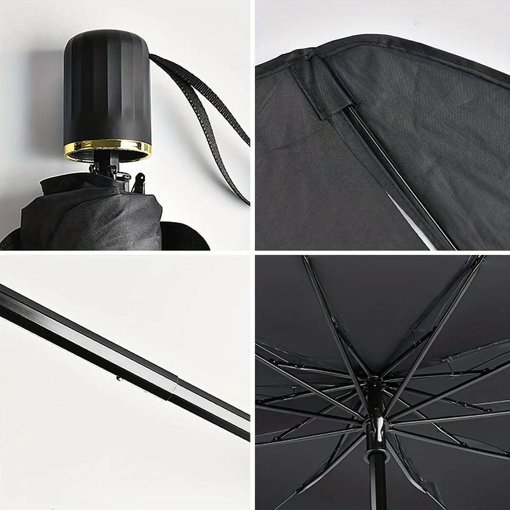 Foldable car windshield sunshade umbrella shown open against a car windscreen and folded compactly.