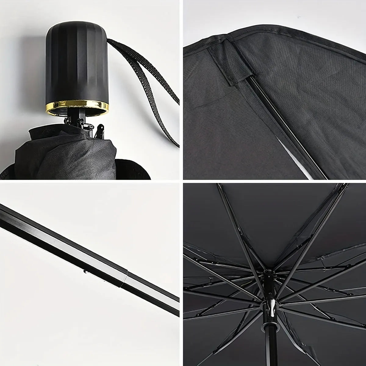 Foldable car windshield sunshade umbrella shown open against a car windscreen and folded compactly.