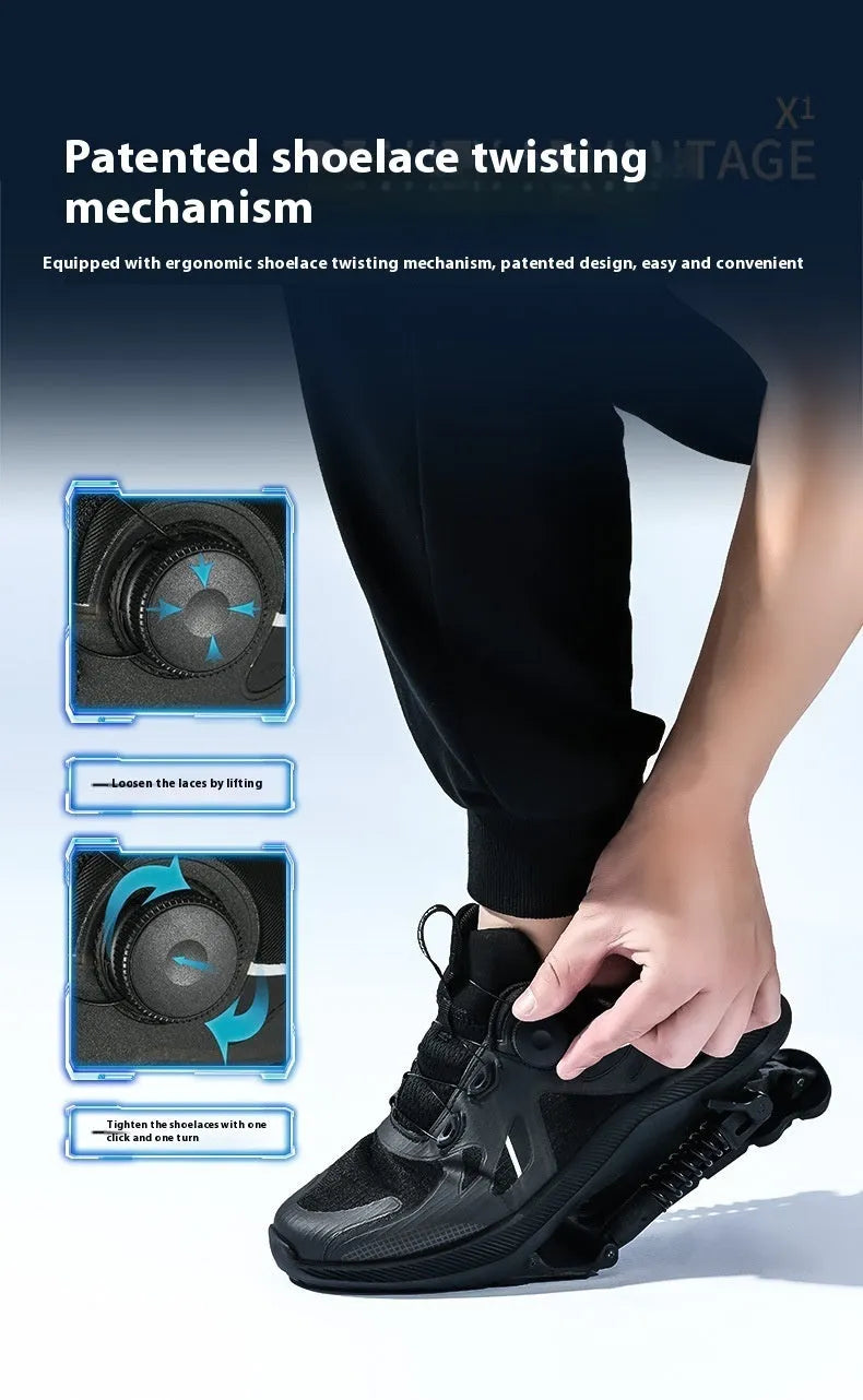 Black running shoes with mesh upper and buckle closure, showing leather stitching details and rubber EVA sole