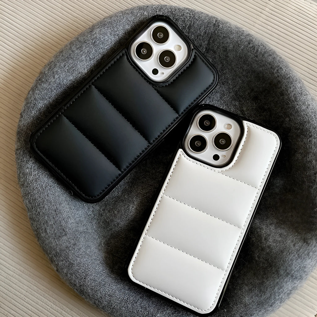 Candy Down Jacket shaped solid colour iPhone case in black, white, rose red, and green.