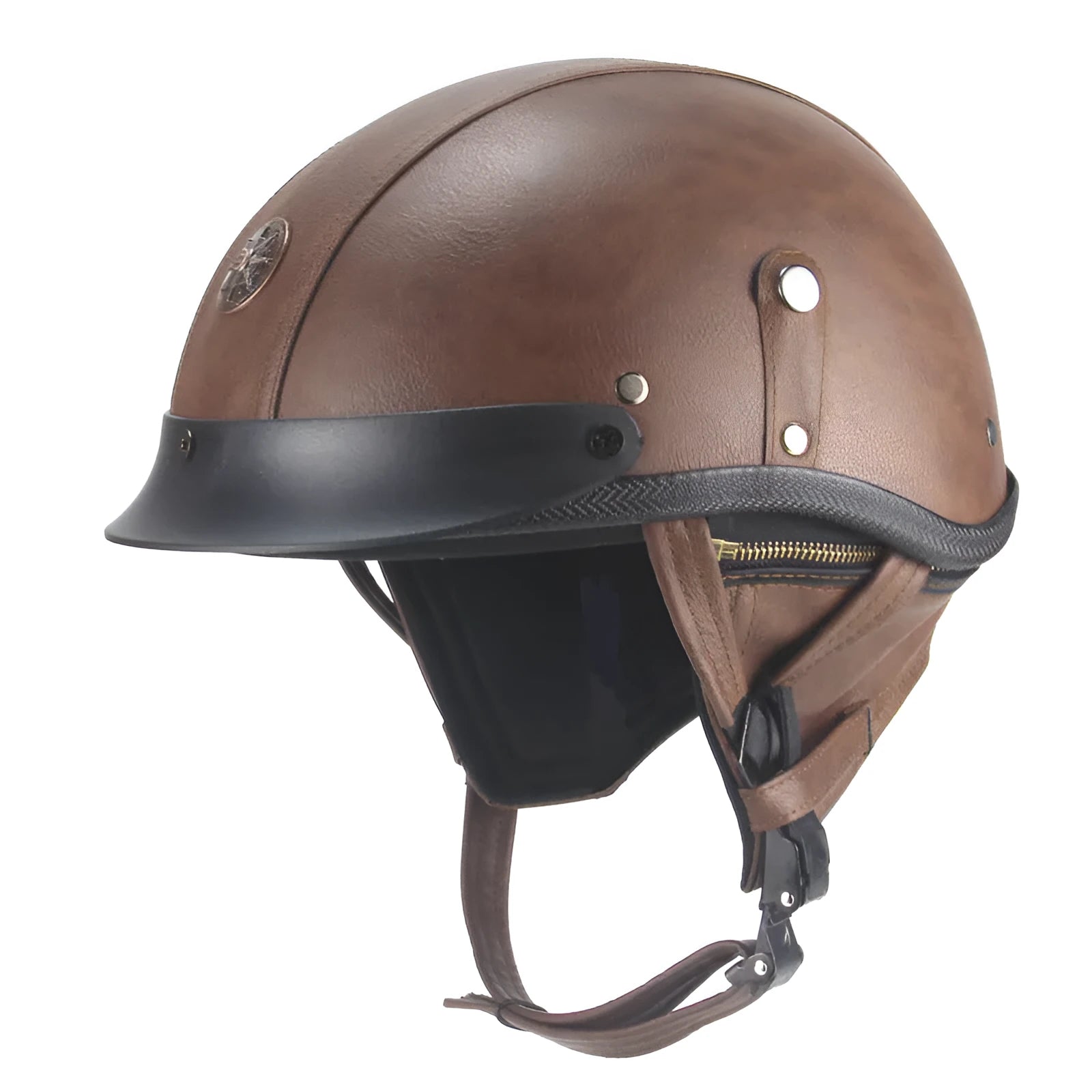 Black retro handmade leather half helmet for motorcycles on a plain background.