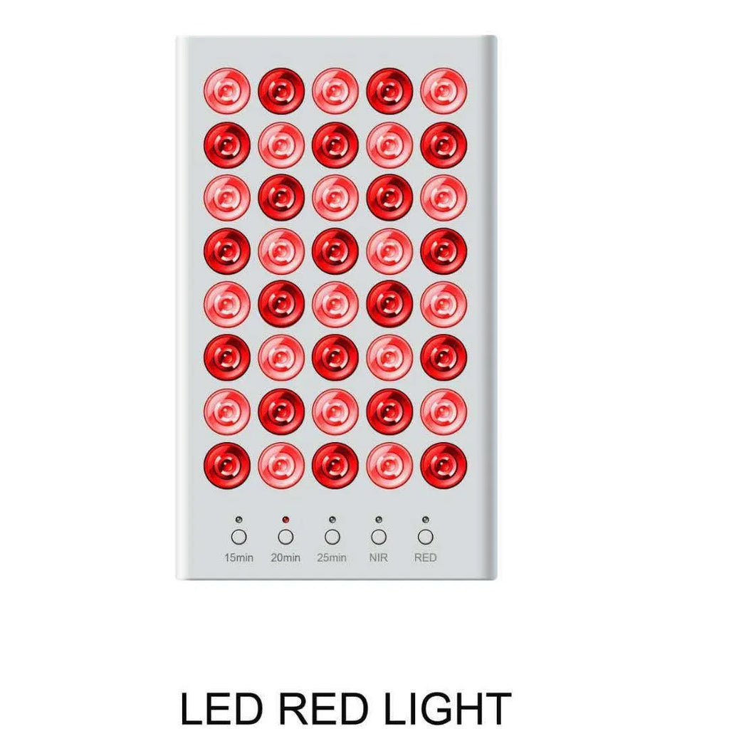 Red light therapy lamp on desktop stand with support frame, red housing and white finish option