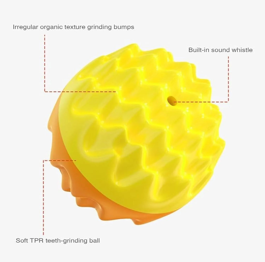 Blue squeaky dog ball toy with dental cleaning bumps and irregular texture for aggressive chewers