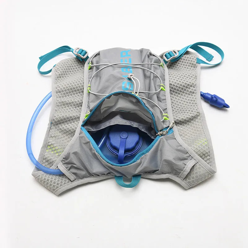 Blue nylon running backpack with reflective strips, shown on a person hiking.