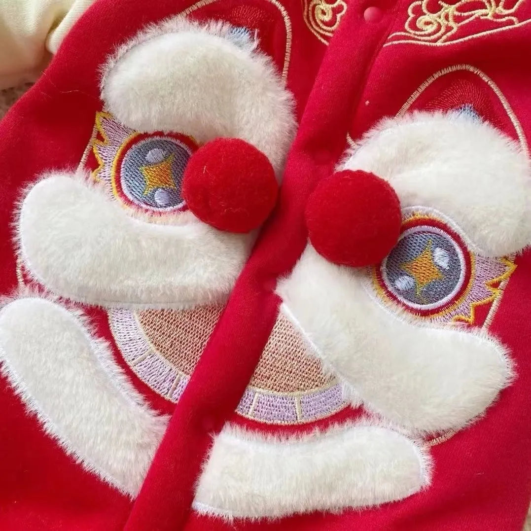 Red embroidered lion dance costume with velvet and cotton on display showing long climbing style