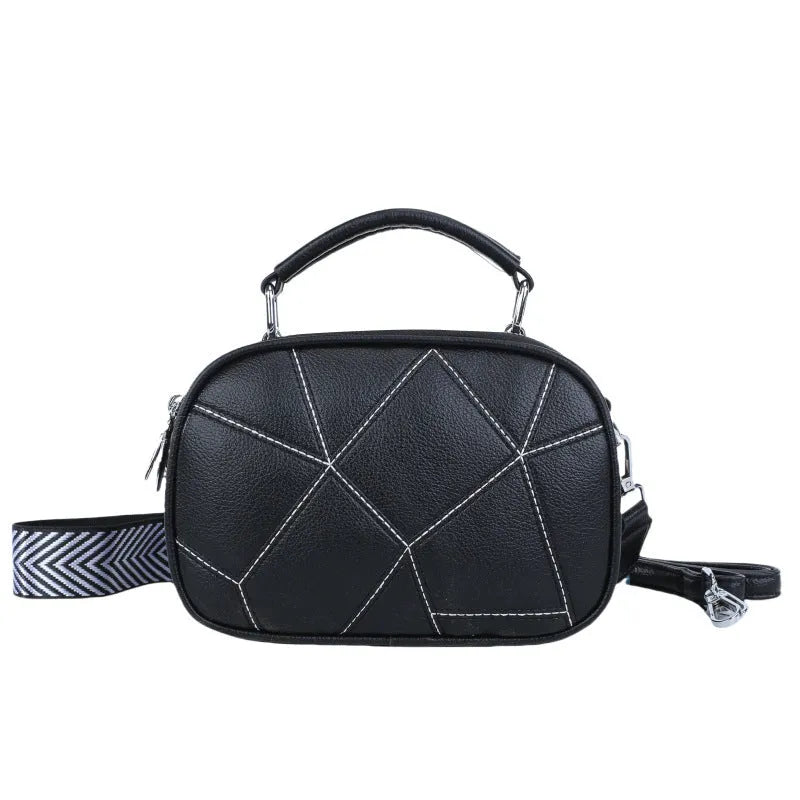 Round grey PU leather patchwork small bag with decorative stitching, shown next to a tape measure indicating 20x15 cm size.