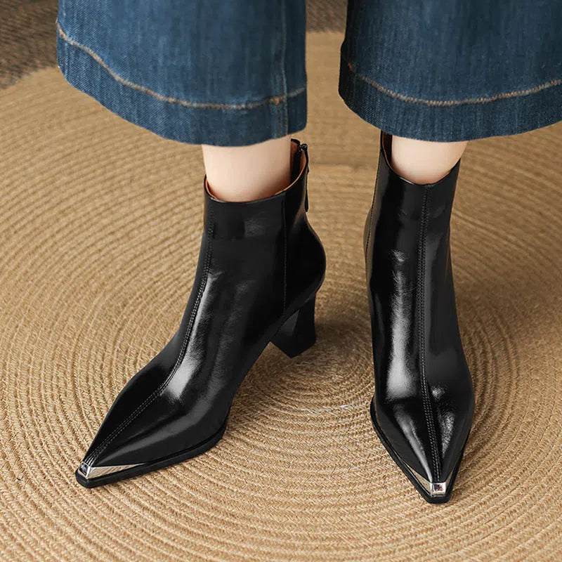 Women's genuine leather ankle boots with 3-5cm chunky heel, square toe, and side zipper in burgundy and black