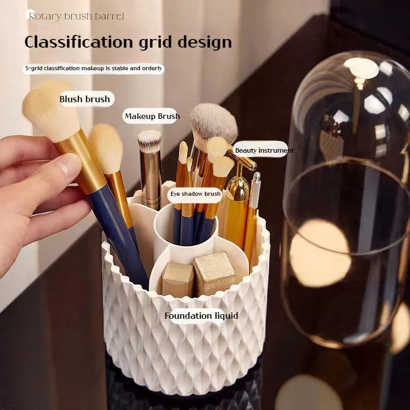 White rotating transparent acrylic makeup brush storage box with lid open showing brush compartments