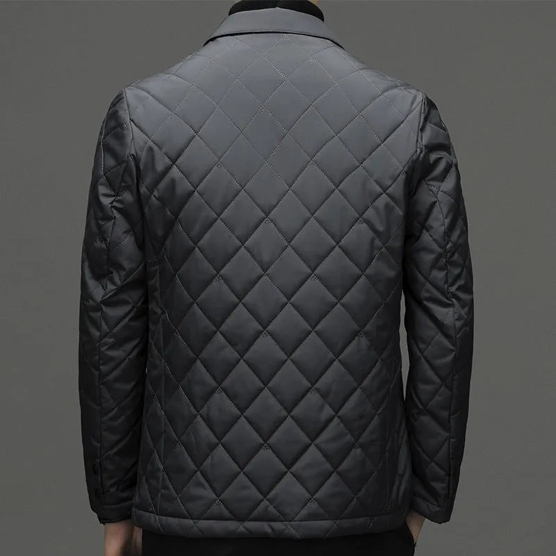 Men's cardigan-style winter down jacket with lapel collar in solid colour with side seam pockets
