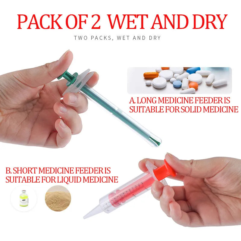 Two silicone pet pill shooters with soft tips for administering tablets to cats and small dogs