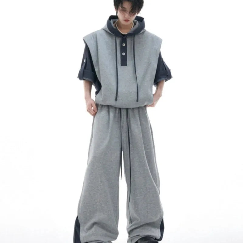Men's heavy industry sports leisure suit with hooded short sleeve sweater and trousers in polyester fabric