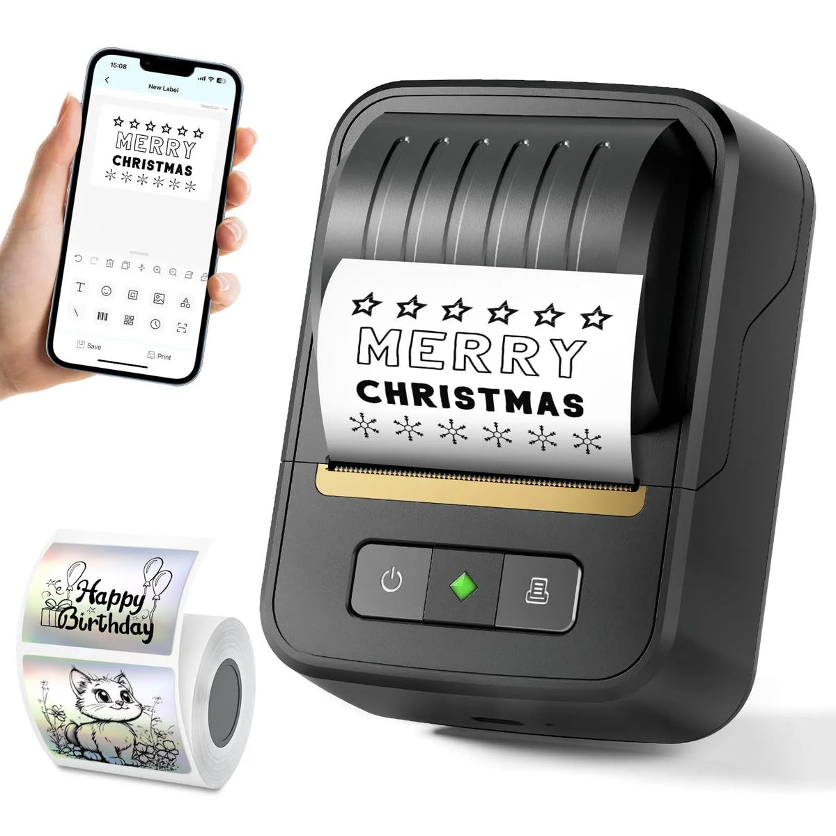 Black Bluetooth thermal label printer with 203DPI, 2000mAh battery, and 1 roll of 40x30mm labels