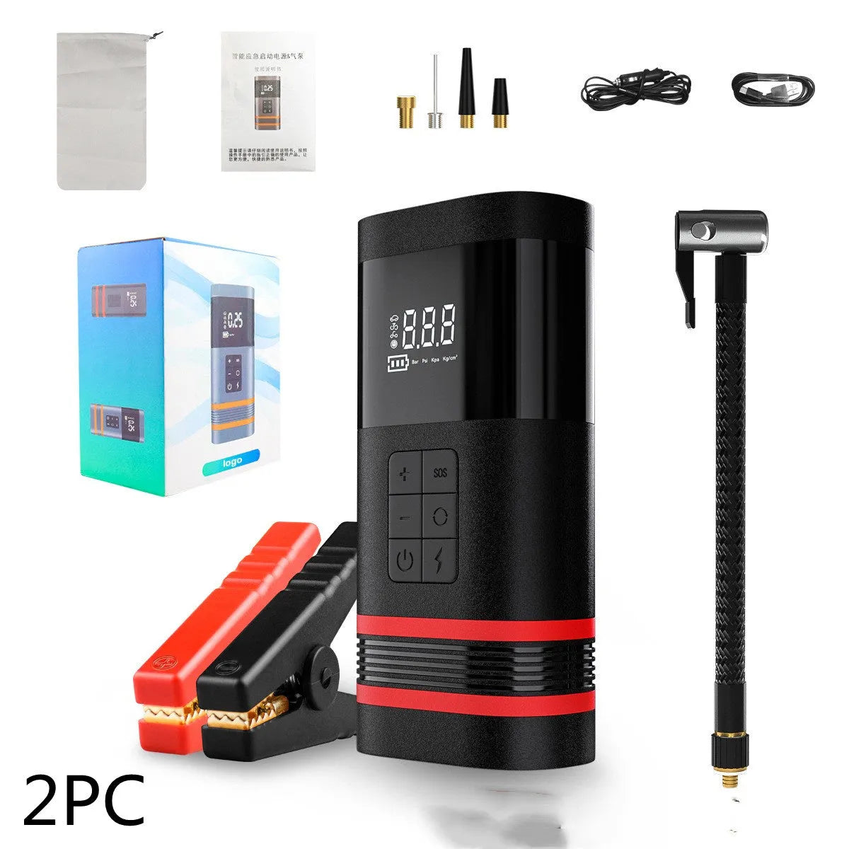 Black automobile emergency start power bank with 100W output for jump-starting vehicles