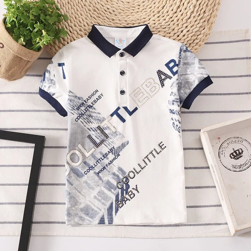 Boys short sleeve cotton T-shirt in solid colours with lapel collar for children aged 3-8 years