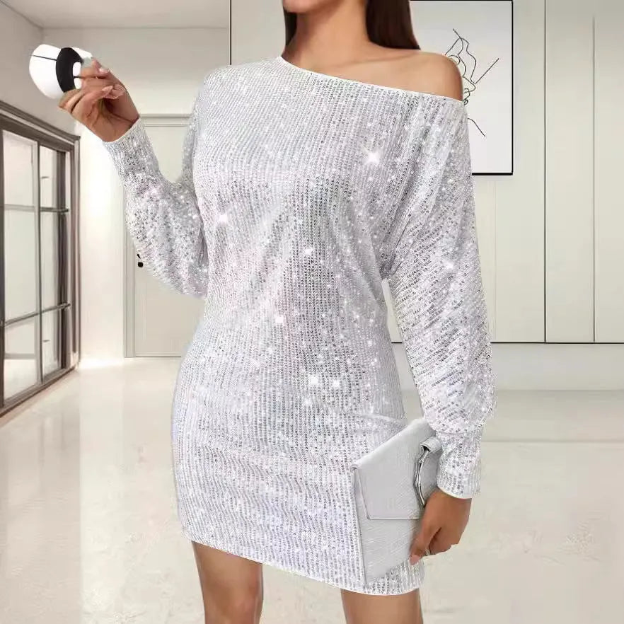 Sequin one-shoulder midi dress with asymmetric hem in solid champagne colour, A-line silhouette