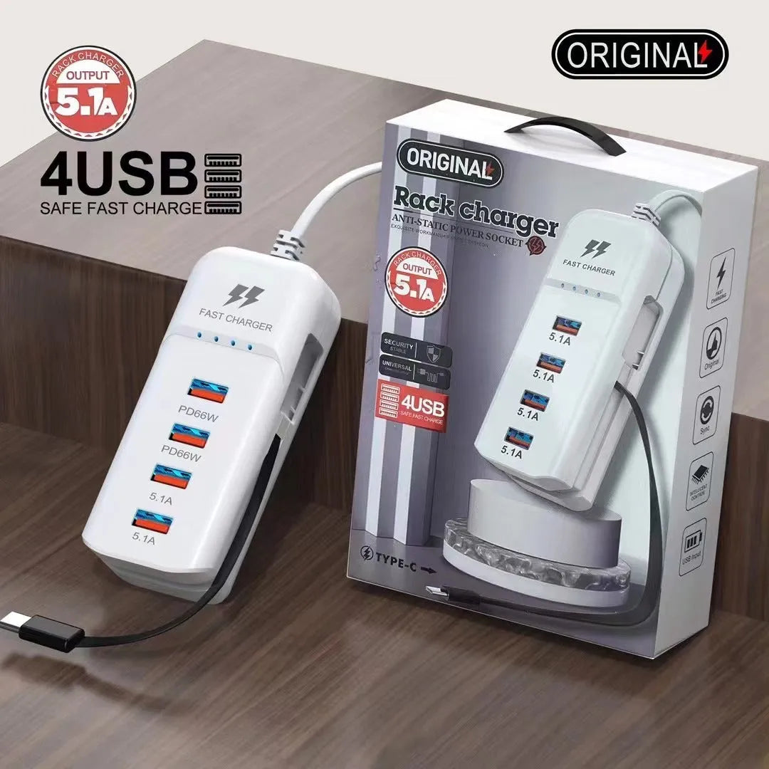 White multi-port power strip with USB interface, Type-C line, and PD charger version, available with EU or US power supply