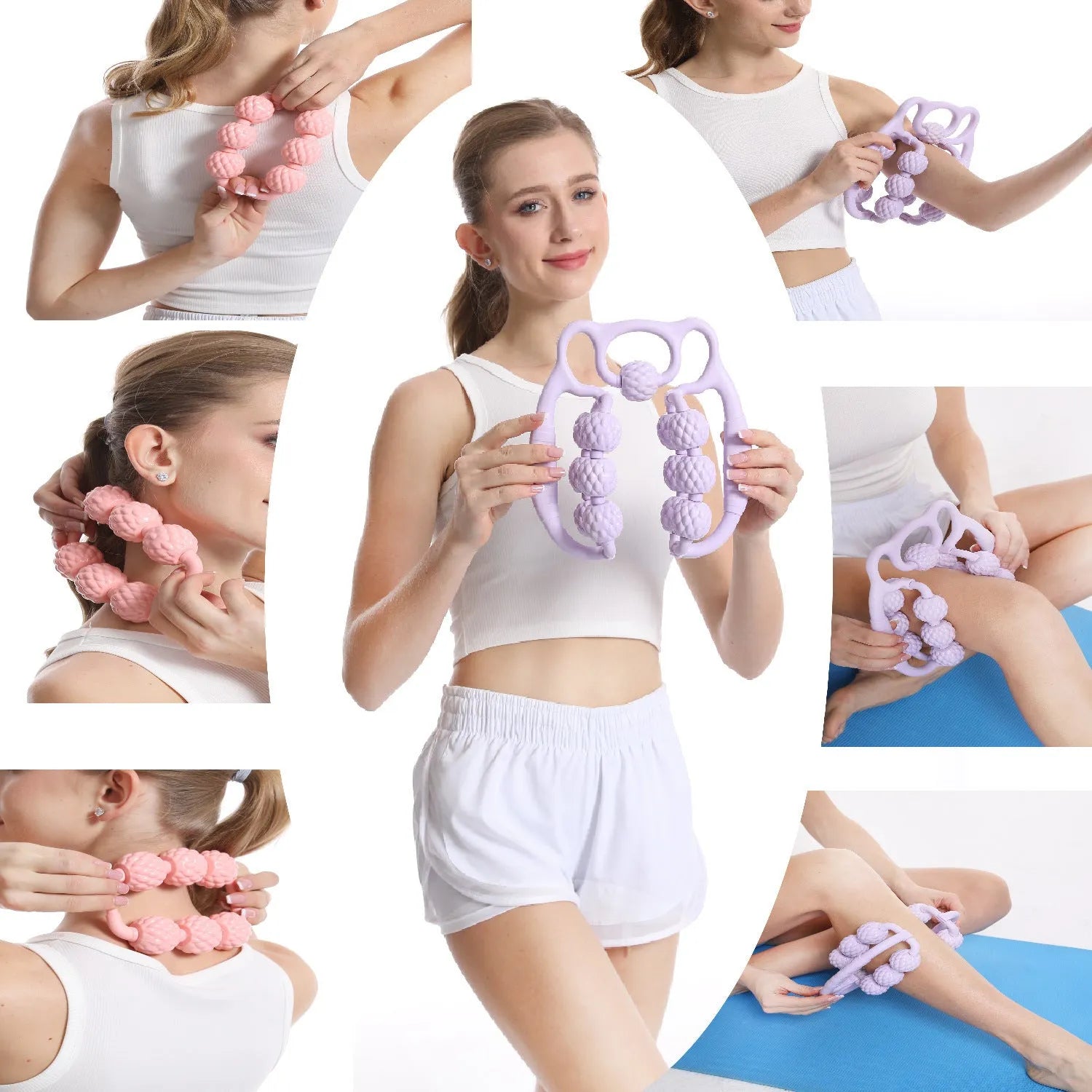 Double row ring clip leg massager in pink, purple, or green colour options for muscle pressure.